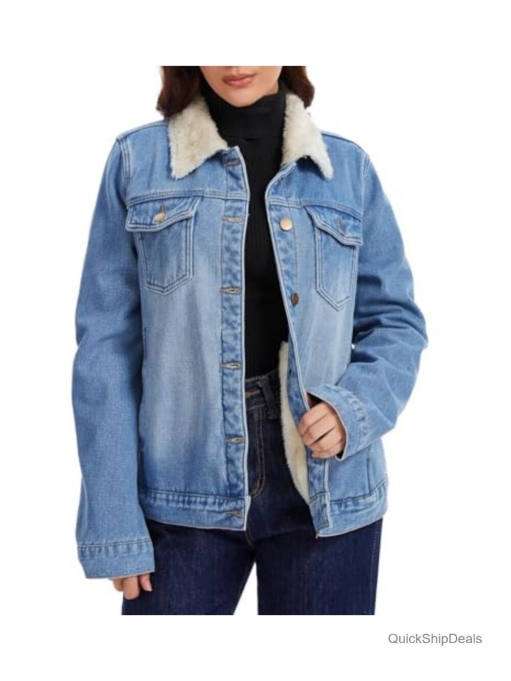 Light Wash Denim Trucker Jacket with Sherpa Lining, Fleece Lined Casual